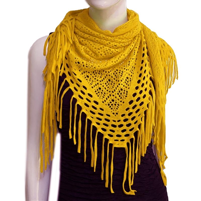 Women's Hollowed Knitted Triangular Scarf Imitation Cashmeres Soft Winter Shawl Wrap Neckerchief Blanket with Fringes