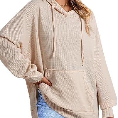 Autumn and Winter Women's Hoodie Waffle Knitted Side Split Pullover Sweatshirt with Pockets Long Sleeves