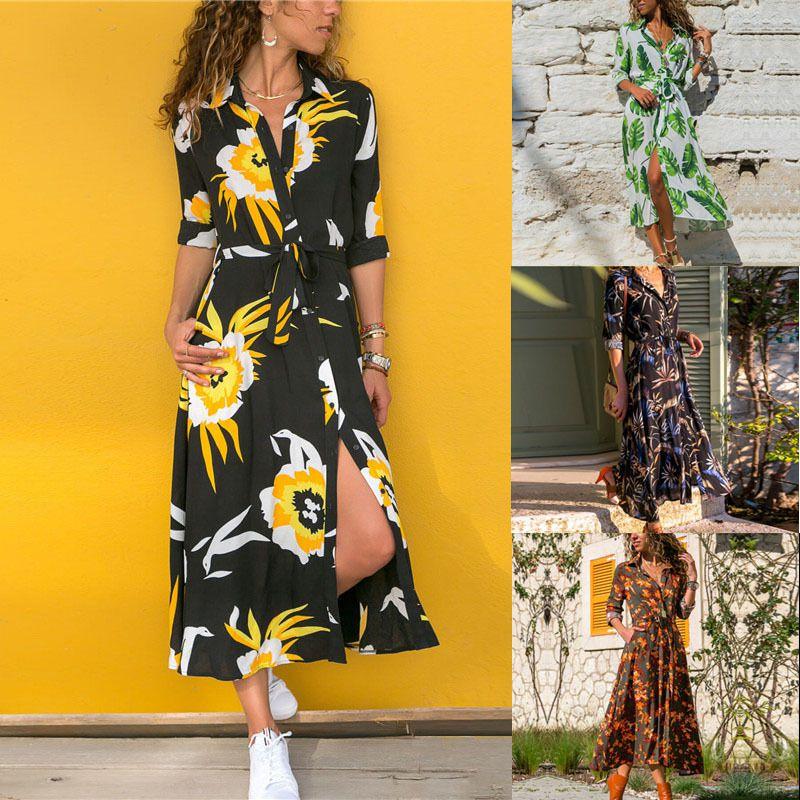 Elegant Women Long Sleeve Loose Split Maxi V-neck Button Shirt Dress Sundress