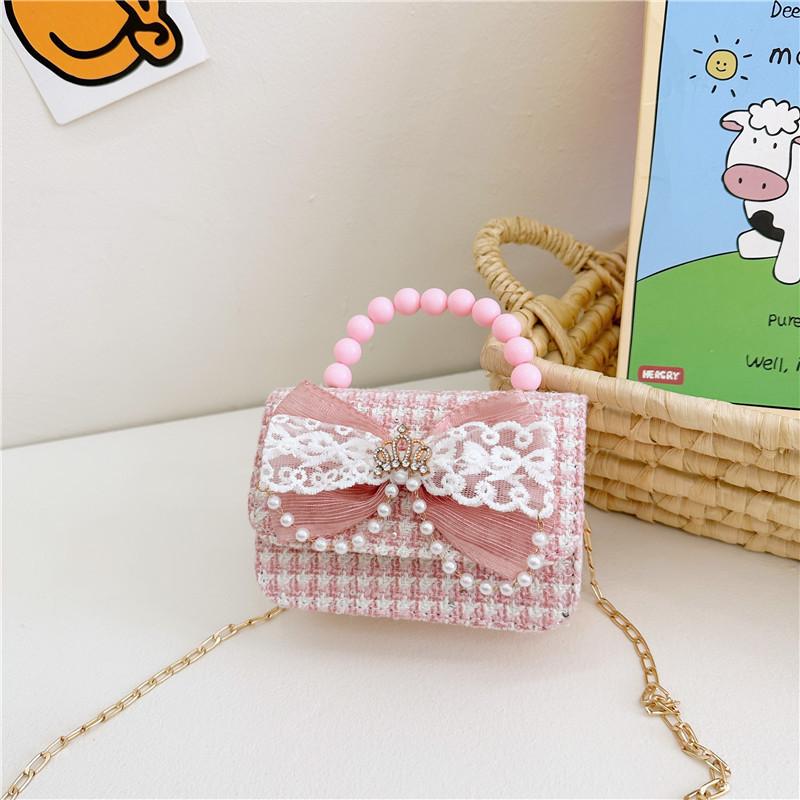 Adorable Girl's Bowknot Coin Purse Charming Pearl Handbag Trendy Chain Shoulder Bag