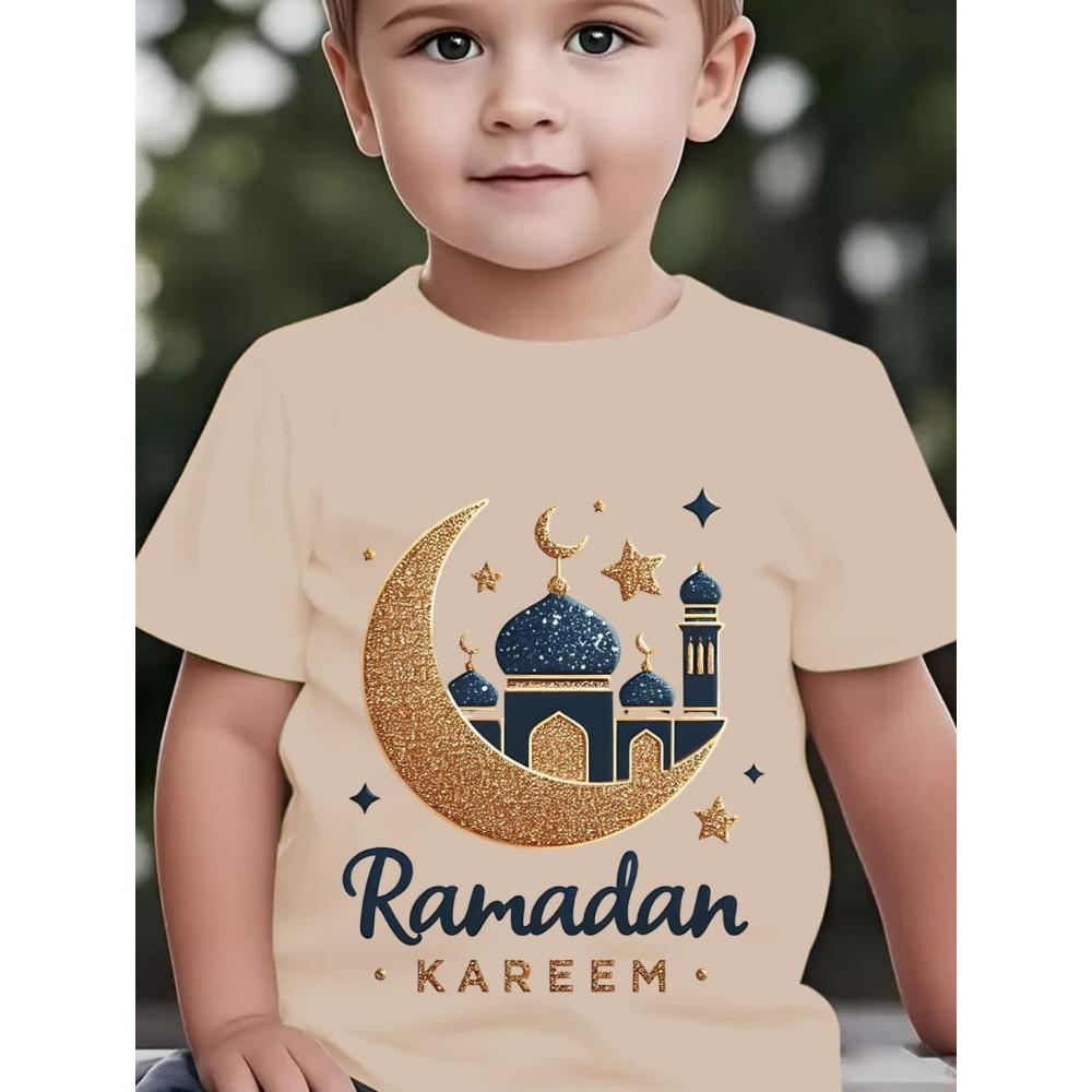 Eid Mubarak Moon Star Printed Kids Shirts Eid Ramadan Child T-Shirt Tops Islamic Muslim Holiday Boys Girls Short Sleeve