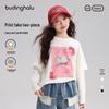 Girls' Cartoon Print Lace Trim Fake Two-Piece Long Sleeve T-shirt