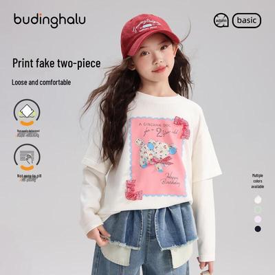 Girls' Cartoon Print Lace Trim Fake Two-Piece Long Sleeve T-shirt