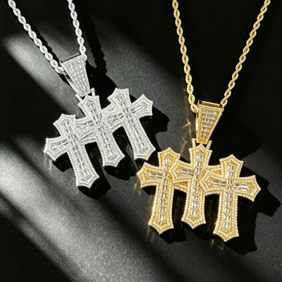 Hot Selling Copper Inlaid Zircon Cross Pendant, Hip-hop Style Personalized Rap Brand Jewelry Necklace