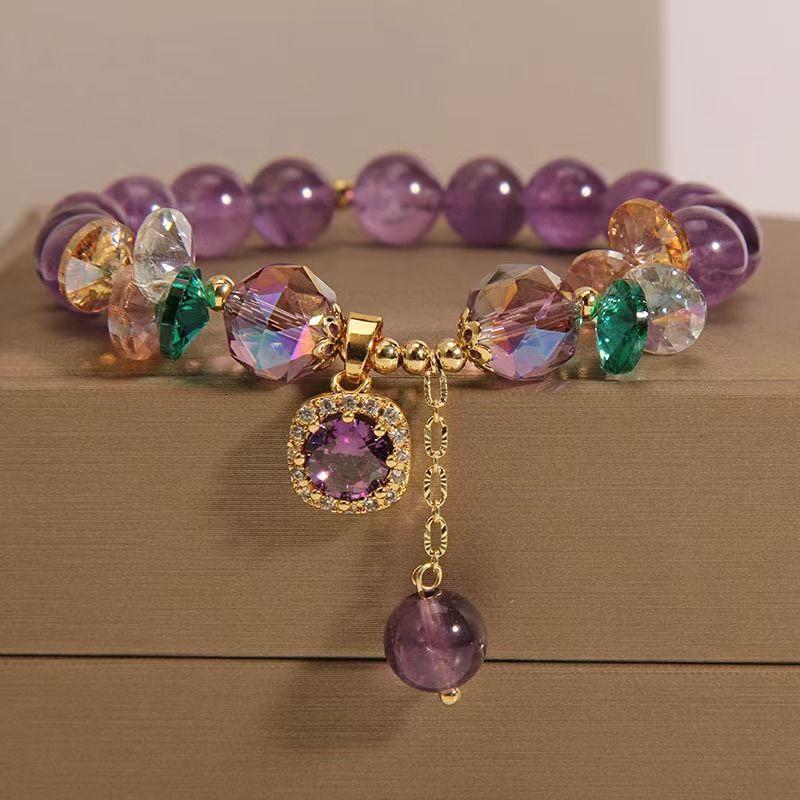 Fashion Purple Crystals Beaded Bracelets for Women Round Beads Purple Four-leaf Clover Drop Bracelet Lucky Stretch Hand Chain Jewelry for Wedding