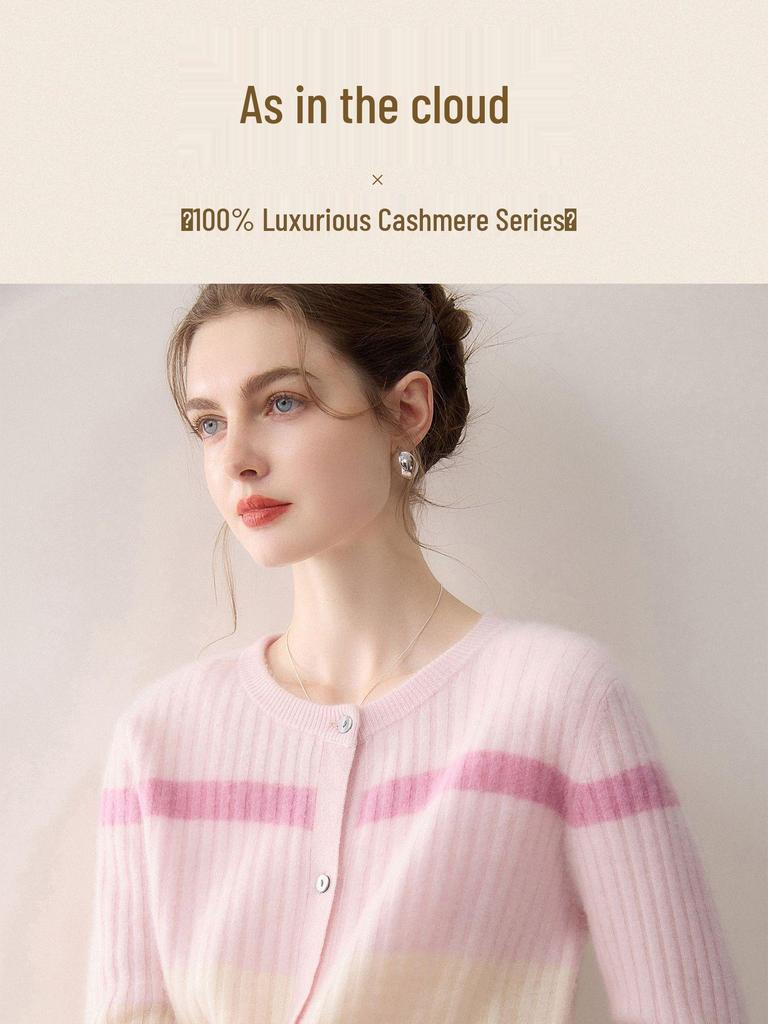 Women's 100% Pure Cashmere Color Block Stripe Cardigan - Round Neck, Single-Breasted, Soft & Fashionable Knit Top