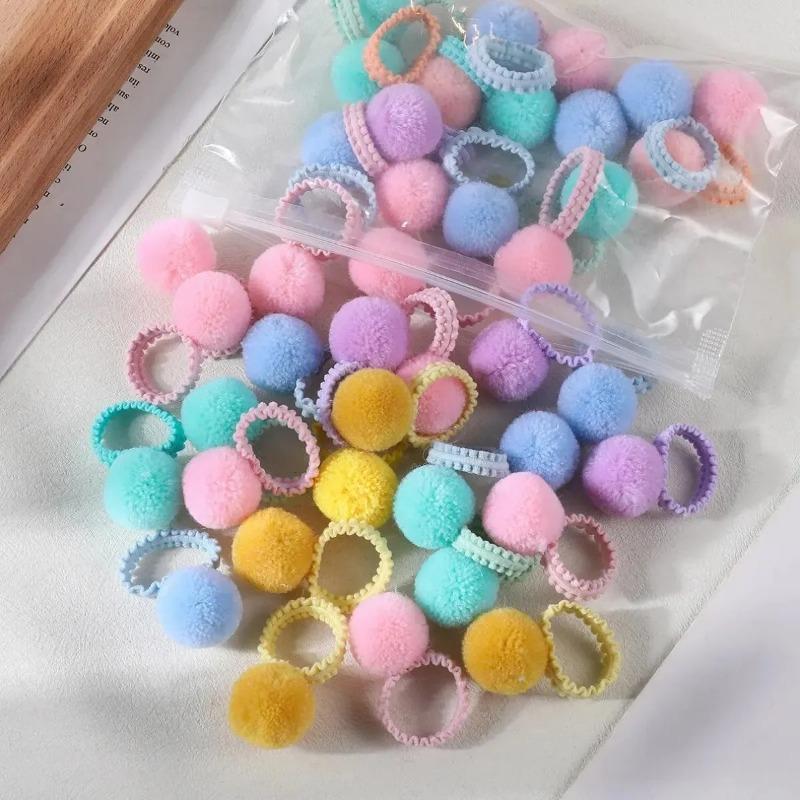 20Pcs Girls Colorful Plush Ball Elastic Hair Bands Kids Ponytail Ties Rubber Bands Headwear Hair Accessories Gift for Kids