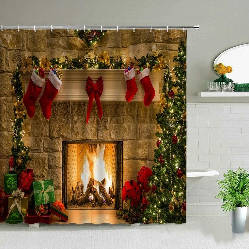 Waterproof Bathroom Shower Curtain Elk Christmas Santa Claus Fairy Snow Night Printed Bath Washable Quick Dry Wrinkle Decoratio