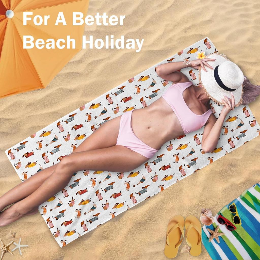 Cute Dog Dachshund Beach Towel Gifts for Women Dog Lovers Owner, Funny Dogs Wiener Microfiber Quick Dry Travel Sand Free Beach Towels Oversized Decor