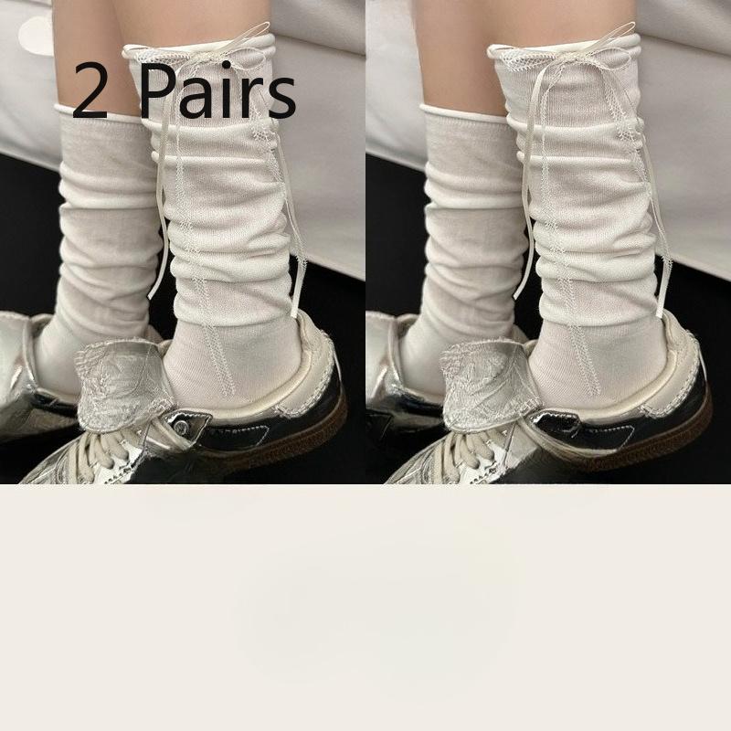 Two Pairs of White Bow-knit Stockings - Children s Style - Summer and Spring Long Stockings in A Pile-up Design 2 pairs