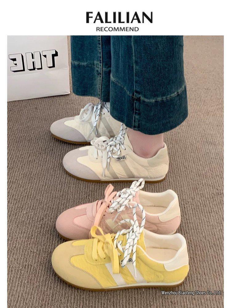 Women's Yellow Leather German Trainer Shoes: New 2025 Spring Style, Lightweight, Versatile, Thin Sole, Casual Sports Skate Shoes.