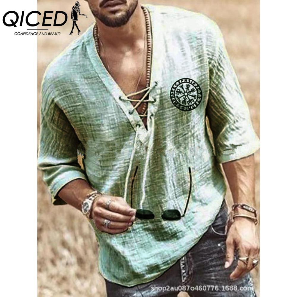 QICED Bavlněné tričko s krátkým rukávem Pánská móda Košile s volným polovičním rukávem Košile s potiskem