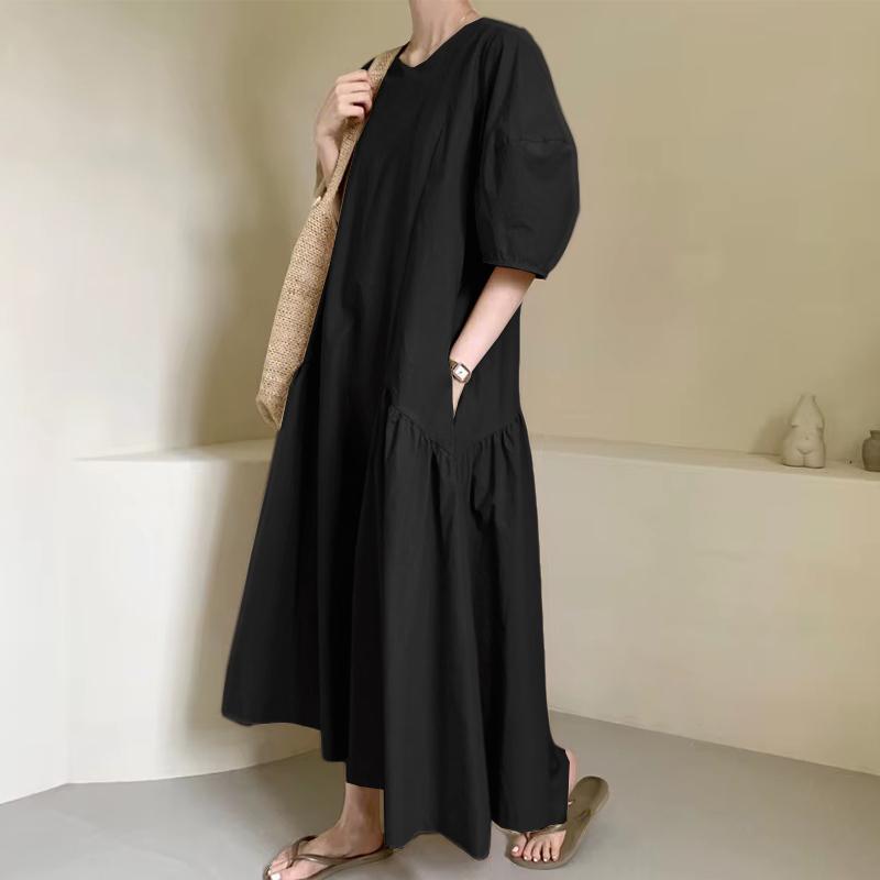 

ZANZEA Женское повседневное длинное платье с круглым вырезом и рукавами 3/4, однотонное 4XL чёрный