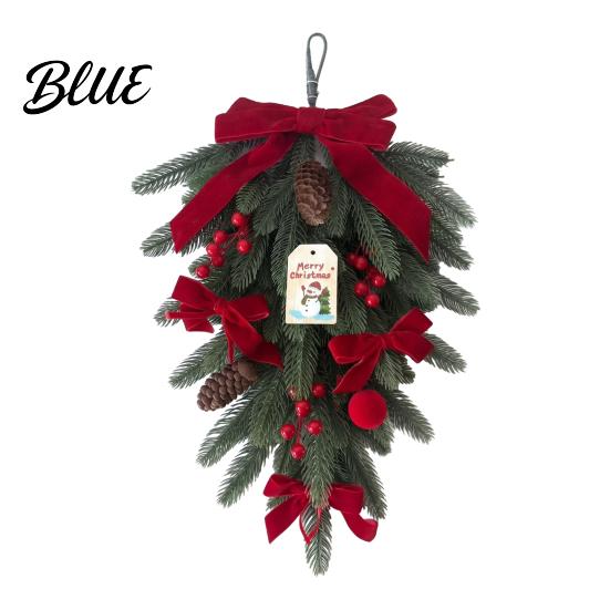 Holiday Wreath with Red Berries Christmas Teardrop Swag LED Lights Artificial PE Pine Hanging Decoration Lighted Door Bow Pinecones for Front