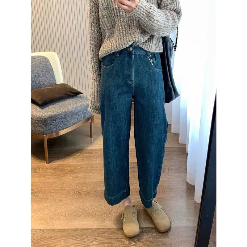 Autumn Retro High-Waisted Straight-Leg Jeans for Women M синий