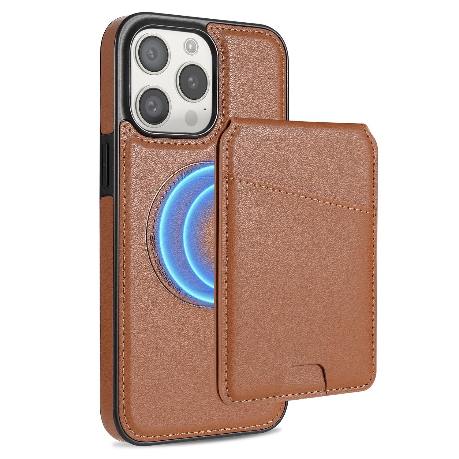 

For iPhone 13 Pro Case Compatible with MagSafe Detachable Card Holder Kickstand Leather Phone Back Cover Brown