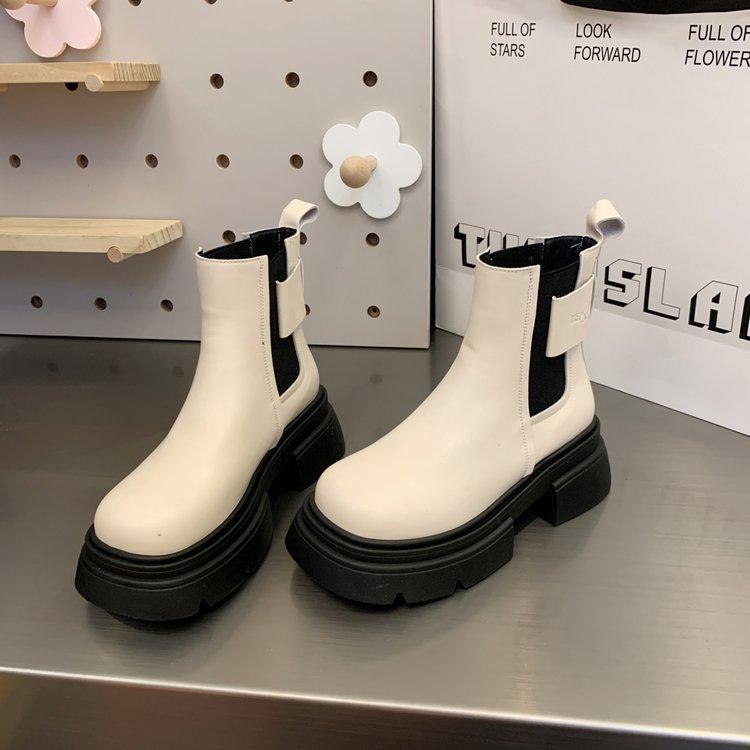 

Белые короткие ботинки челси женские весенне-осенние на толстом каблуке ботинки-сигареты 2025 новые британские ретро ботинки мартин 40 бежевый