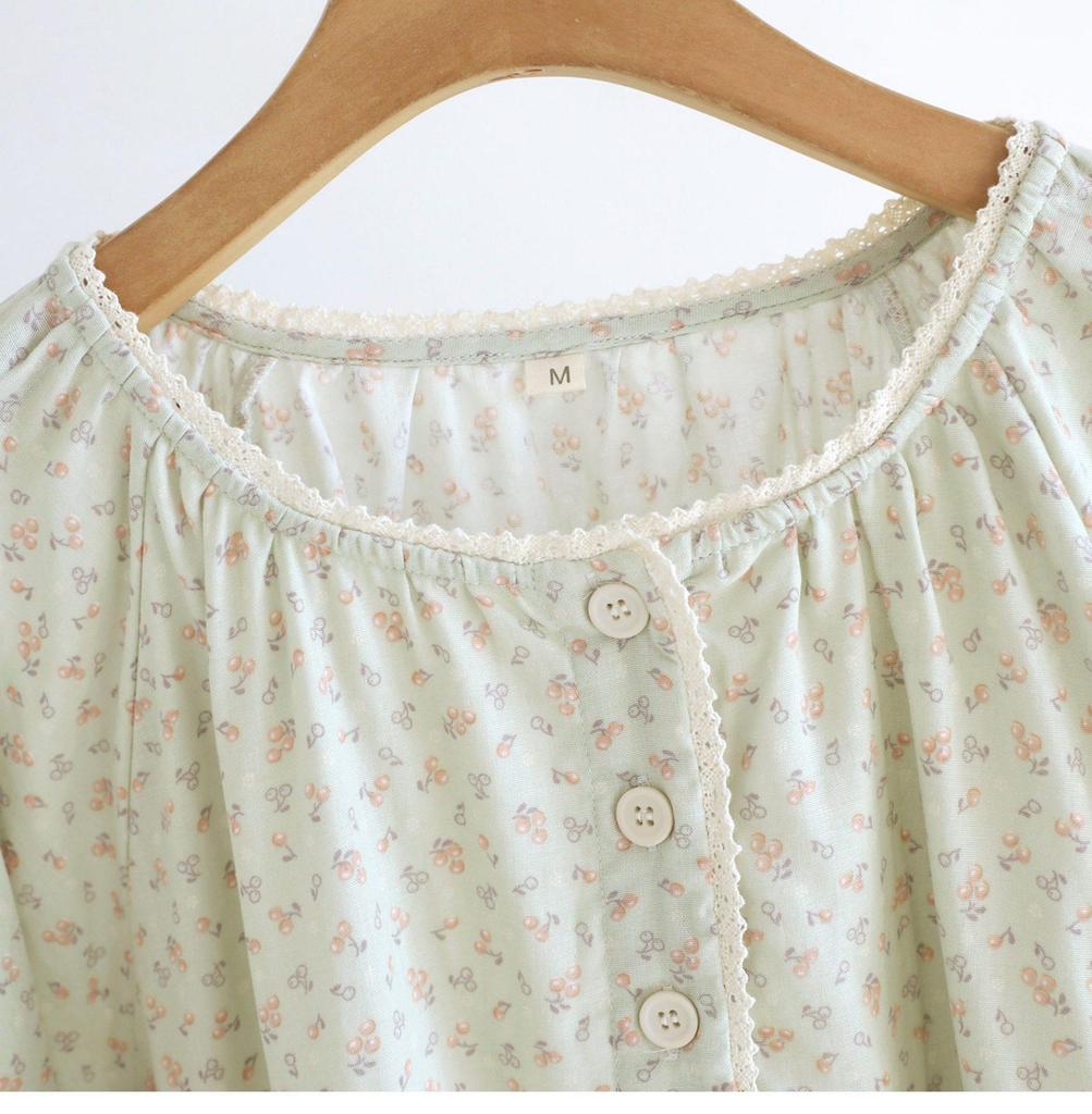 Women's Forest Floral Cotton Pajama Set - Long-Sleeve Gauze Cardigan, Sweet & Loose Nightgown for Spring & Autumn.