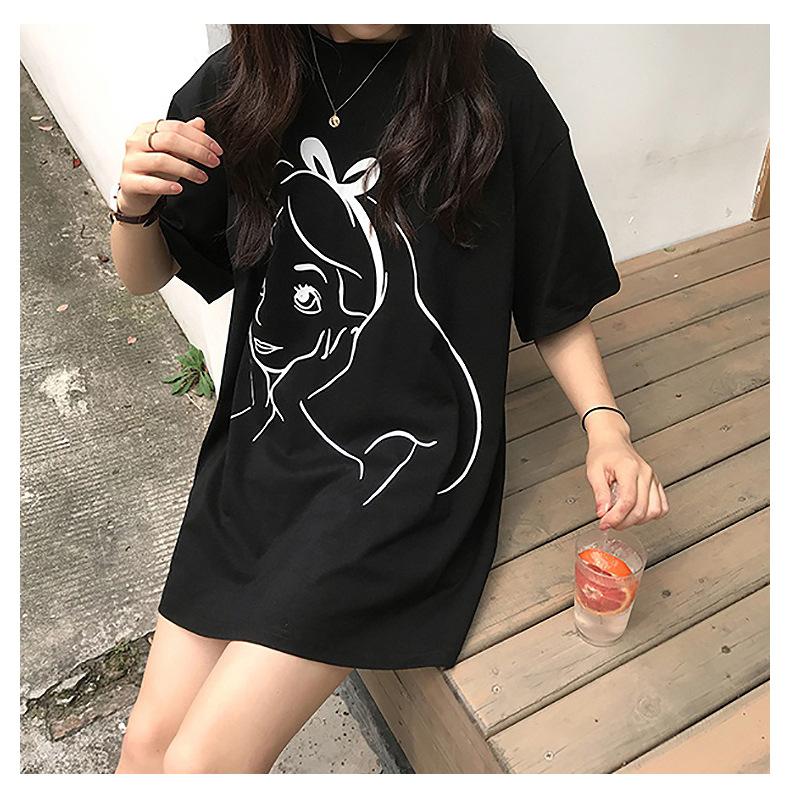 

Summer new Korean version printed medium and long short-sleeved T-shirt schoolgirl loose top ins women s fashion M чёрный