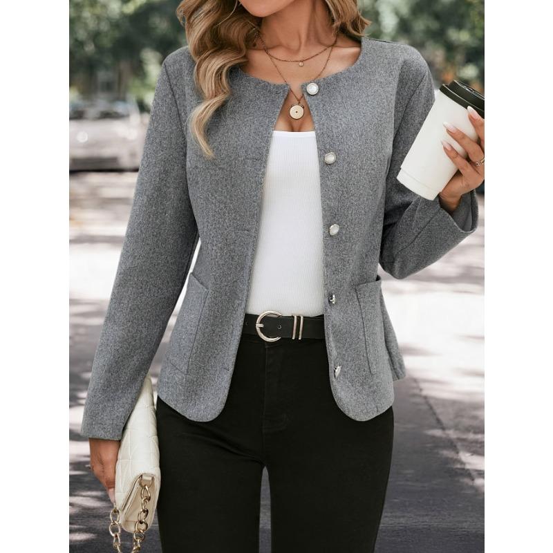 Women's Casual Black Jacket - Relaxed Fit Round Neck Solid Color Outerwear, Machine Washable & Dry Cleanable,