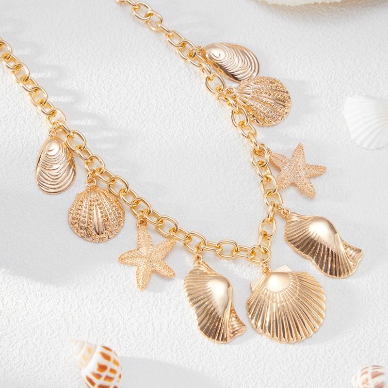 Vacation Style Layering Neck Chain Necklace with Marine Charm Shell Starfish Design Neckchain
