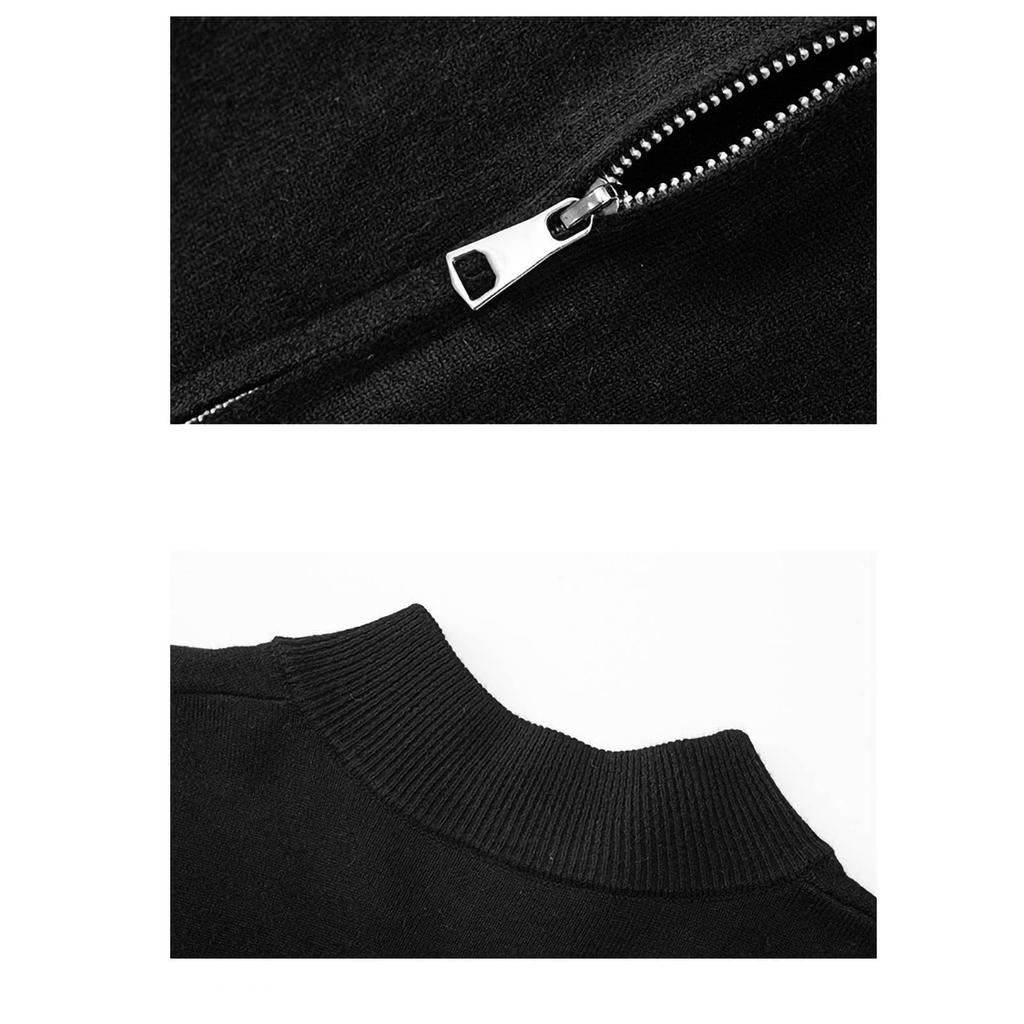 Men's Solid-color Double-zipper Cardigan Sweater Jacket, Unisex Stand-up Collar Knitted Sweater Top