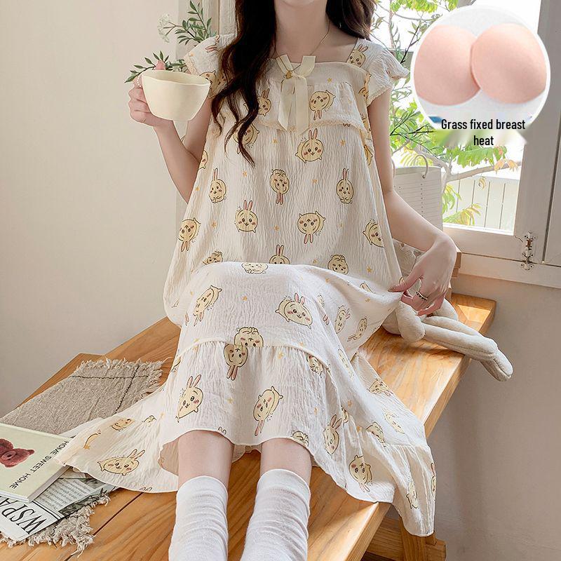Women's Summer Woven Cotton Camisole Nightgown with Built-in Bra - Princess Style Loungewear & Outdoor Mid-Length Skirt