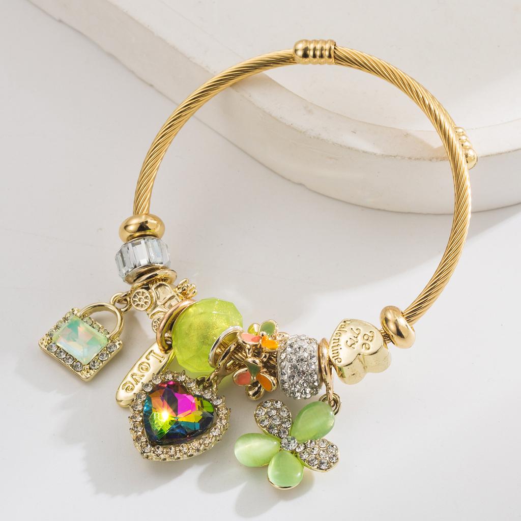 Stainless Steel Bracelet - Fashionable and Sweet Heart-shaped Lock Charm with Love Hearts and Flowers - High-end String Bead Bracelet