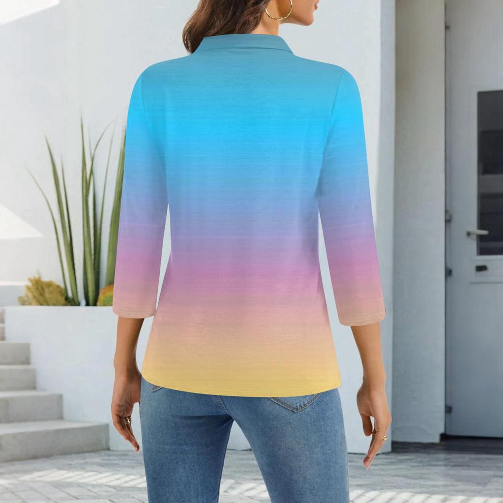 Damenmode Lässig Revers Kurz 3/4 Ärmel Print Hemd Damen Knopfleiste Oberteile