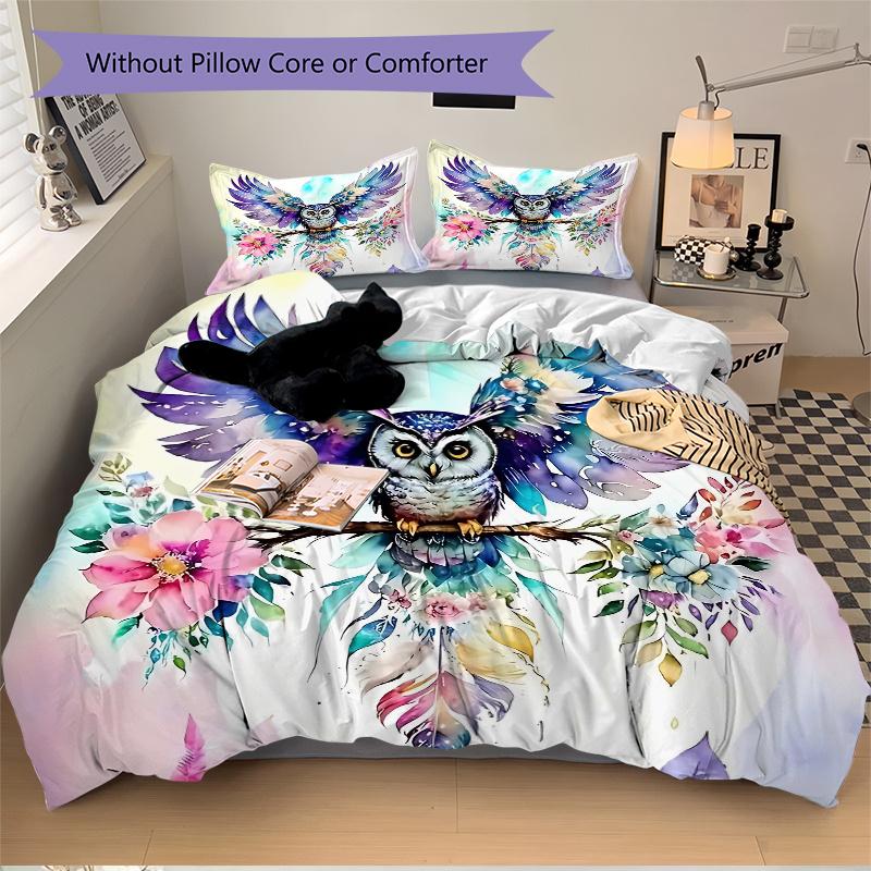 3pcs Colorful Owl with Flowers Watercolor Print, Includes One Quilt Cover and Two Pillowcases (No Core), Home Decor, Gift, Anime Cartoon