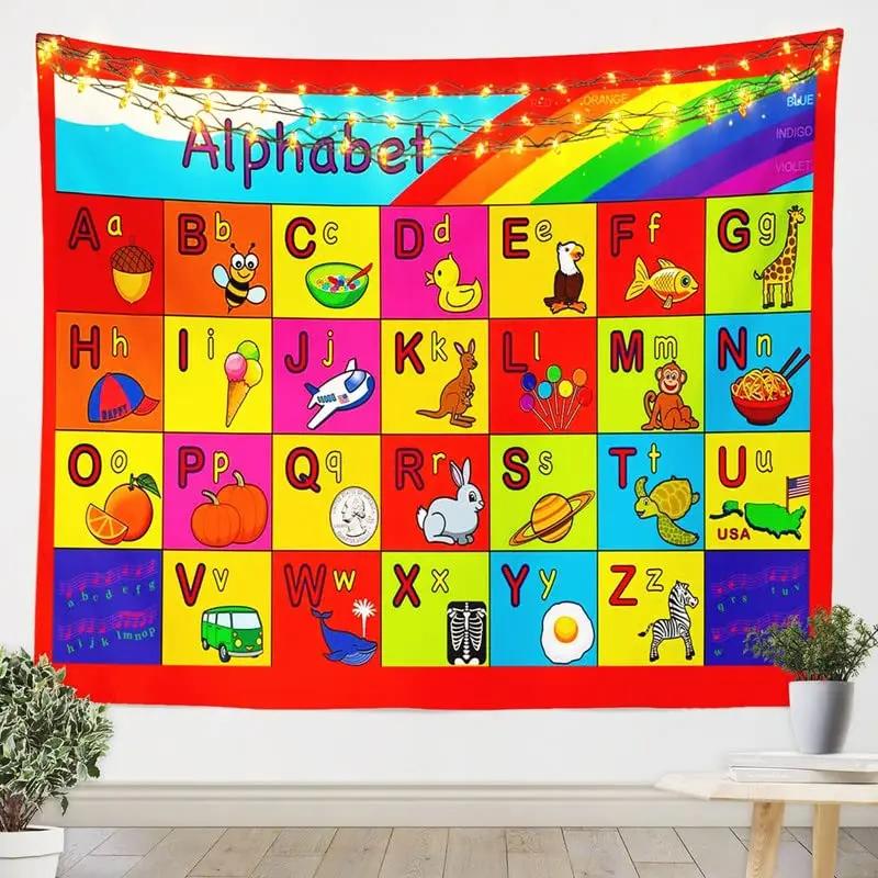 Alphabet Poster Tapestry for Boys Girls Bedroom ABC Learning for Toddlers Cute Dinosaur Art Educational Tapestries Wall Hanging