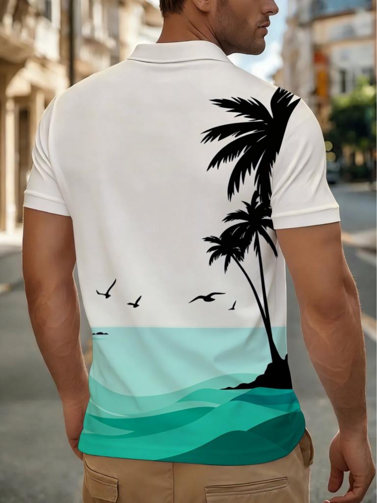 Printed Design – Not Textured Men's Golf Polo Shirt, Featuring a Tropical Palm Tree and Ocean Design, Is Perfect for Casual Outings, Beach Days, and