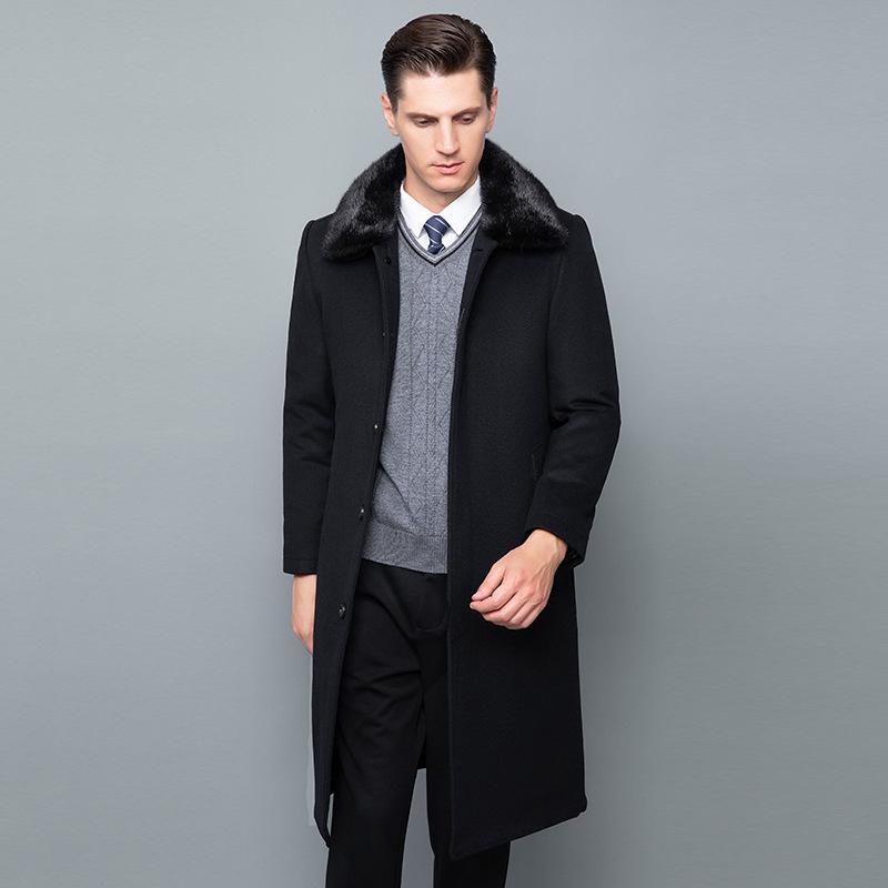 

Высококачественное кашемировое шерстяное пальто для мужчин, длиной до колена, воротник из меха норки для людей среднего и пожилого возраста, подкладка из меха кролика-рекса, пальто Nikk 205