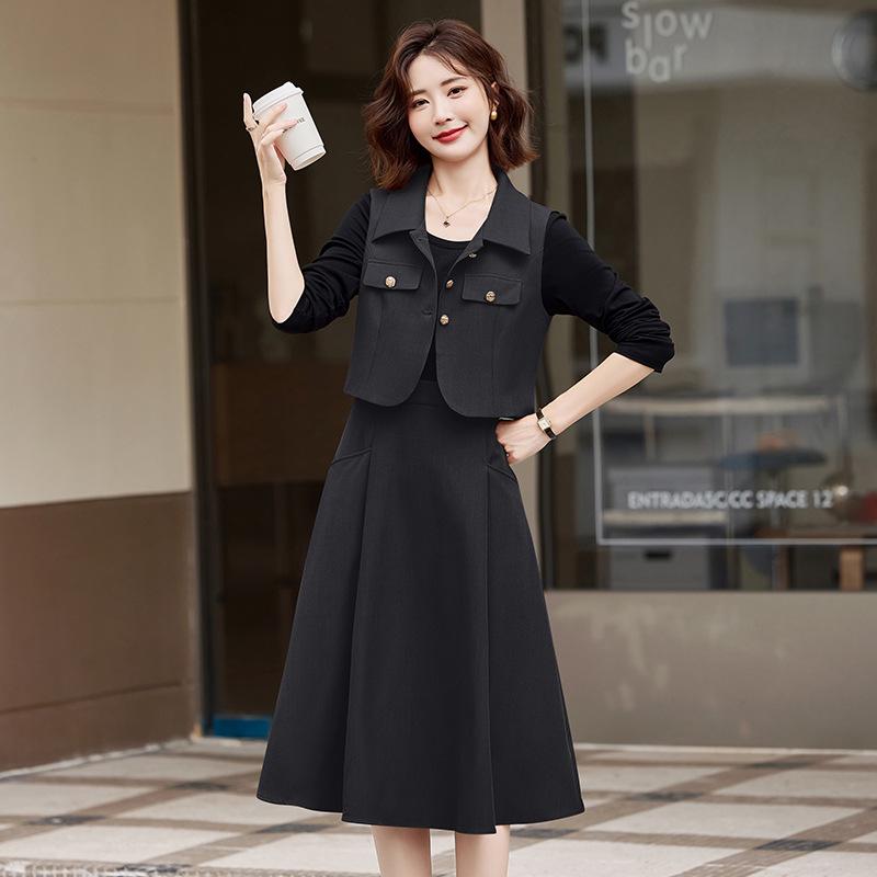 2025 Spring Fashionable Lapel Vest & Mid-Length Dress Set LU8958