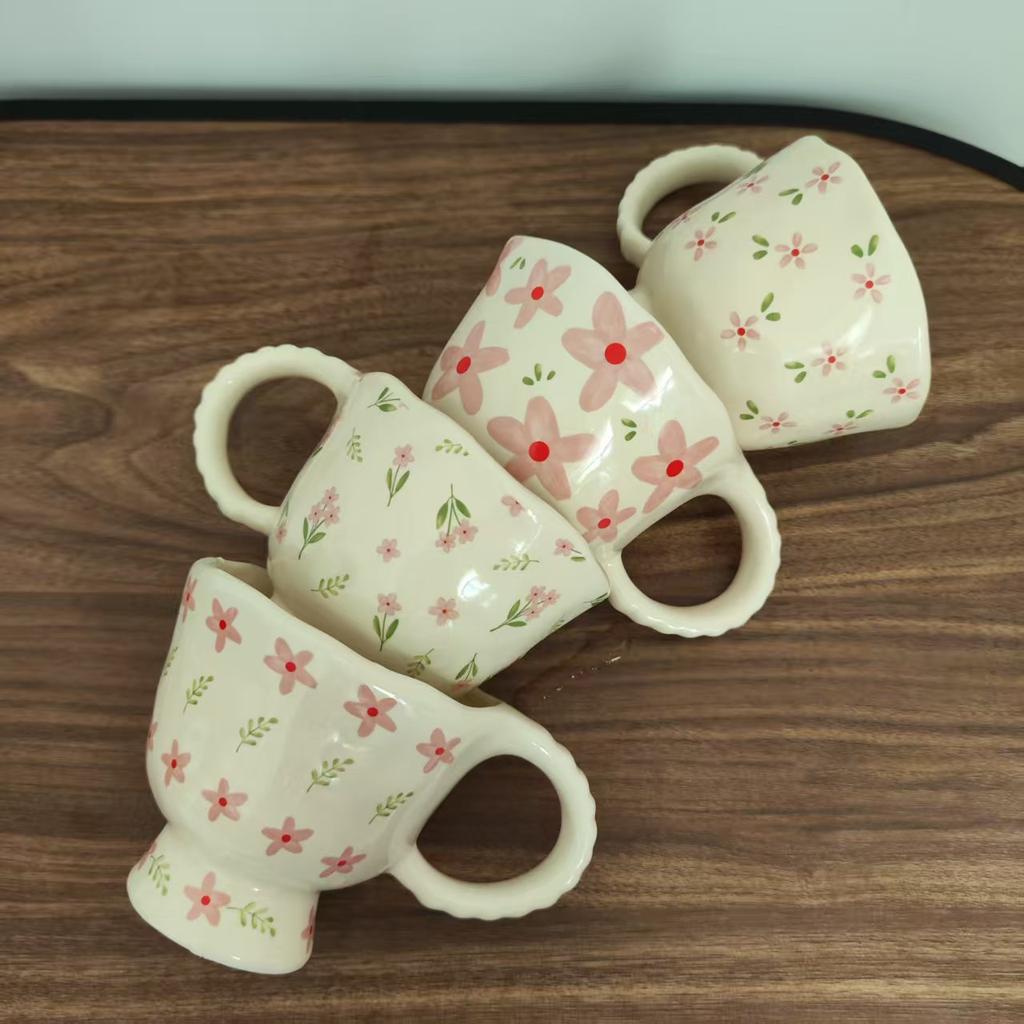 2pc,Floral pattern,Hand-kneaded,Flower,Fresh and elegant,Mug,Coffee cup,Goblet,French-style,Underglaze color,Hua Hua