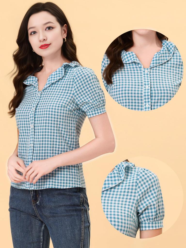 Short Sleeve Ruffled Check Pattern Puff Casual XL [Allegra K] Women's Blouse, Blouse, Shirt, Office, Sleeve, Top, Slimming, Stylish, Commuting, OL,