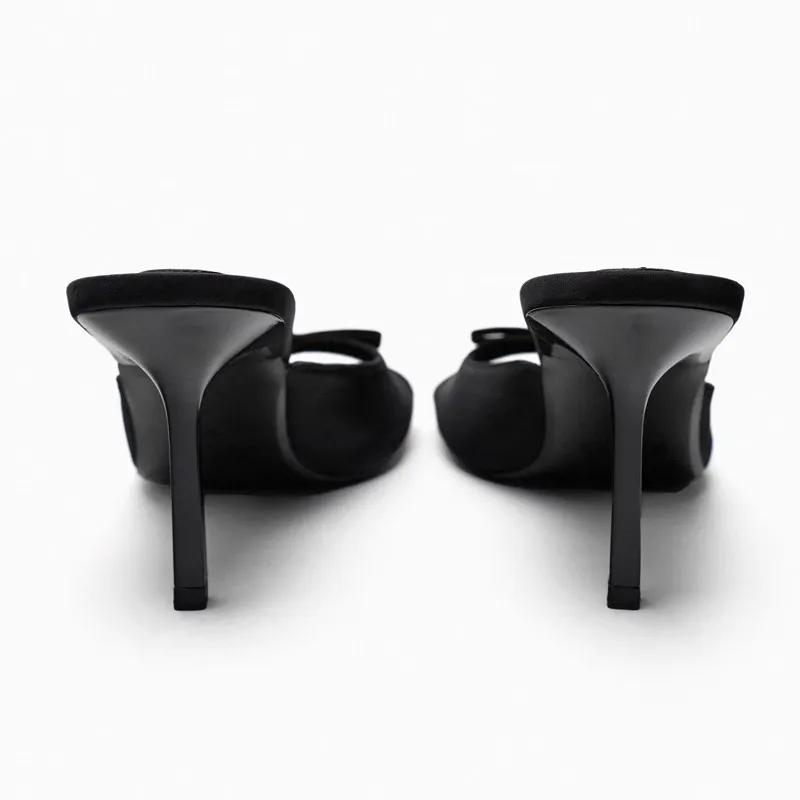 Fashion Slipper Mules Low High Heels Shoes 2024 Summer Best Street Look Females Square Head Open Toe Bow Strappy Sandals Women