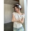 Summer new fashion design sense niche oblique shoulder exposed clavicle pleated women's T-shirt