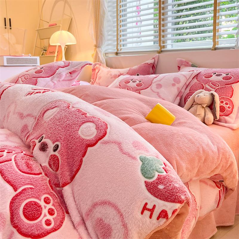 Cartoon Coral Fleece Four-Piece Set, Thickened Milk Fleece Sheet Quilt Cover, Snowflake Fleece Bed Three-Piece Quilt Cover