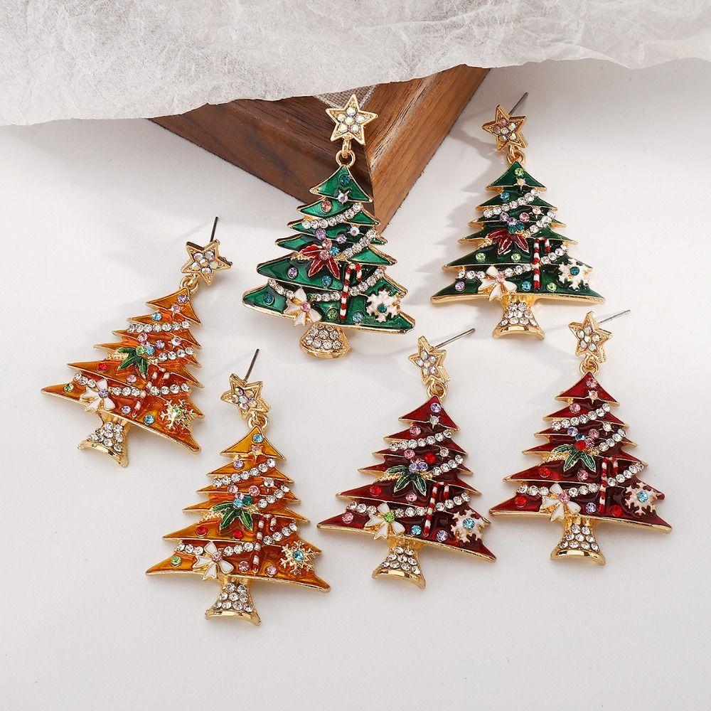 Dripping Oil Xmas Earrings Studs Rhinestone New Year Dangle Earrings Christmas Tree Earrings  Gift