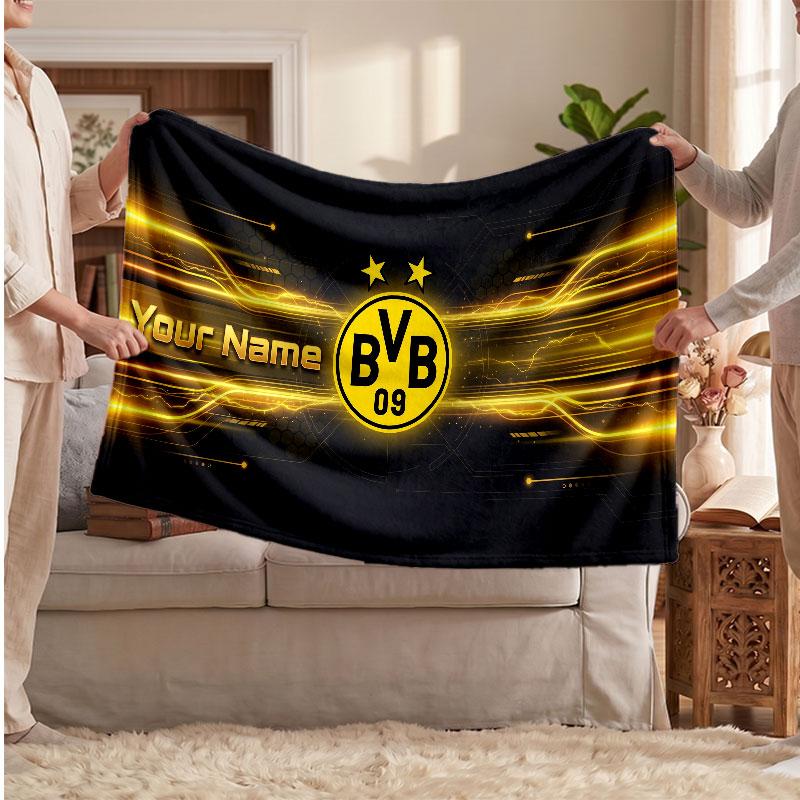 Coperta in Pile Personalizzata Borussia Dortmund con Logo Calcio, Testo Nome Personalizzato Morbida Calda Coperta da Divano per la Casa