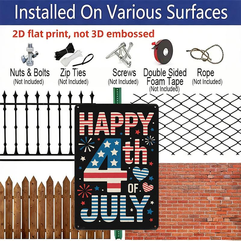 2D Flat Happy 4th of July Aluminium Sign Vintage Independence Day Metal Sign Patriotic Print Aesthetic for Garden Yard Bar Porch Home Bedroom Kitchen