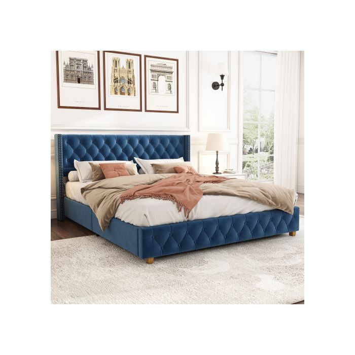 Pat capitonat 160x200 cm - Catifea albastră - Somieră cu lamele - Tăblie cu capse - Picioare din lemn masiv