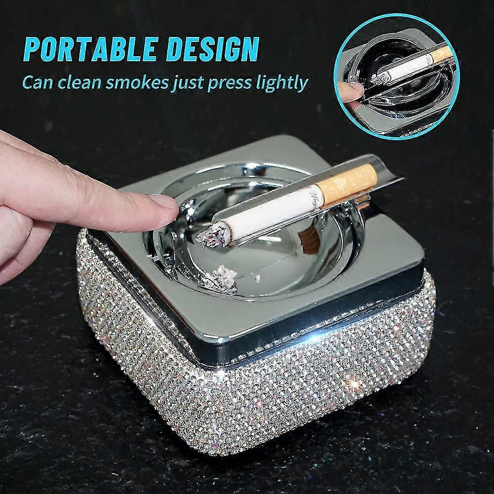 Ashtray,stainless Steel Ashtray With Lid Bling Crystal Diamonds,cigarette Ashtray- Silver - DD