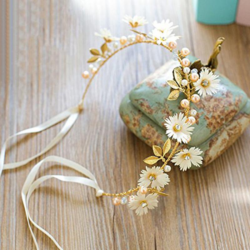 Gold Leaf Daisy Flower Headband Bridal Pearl Tiaras Hair Jewelry Ribbon Wreath