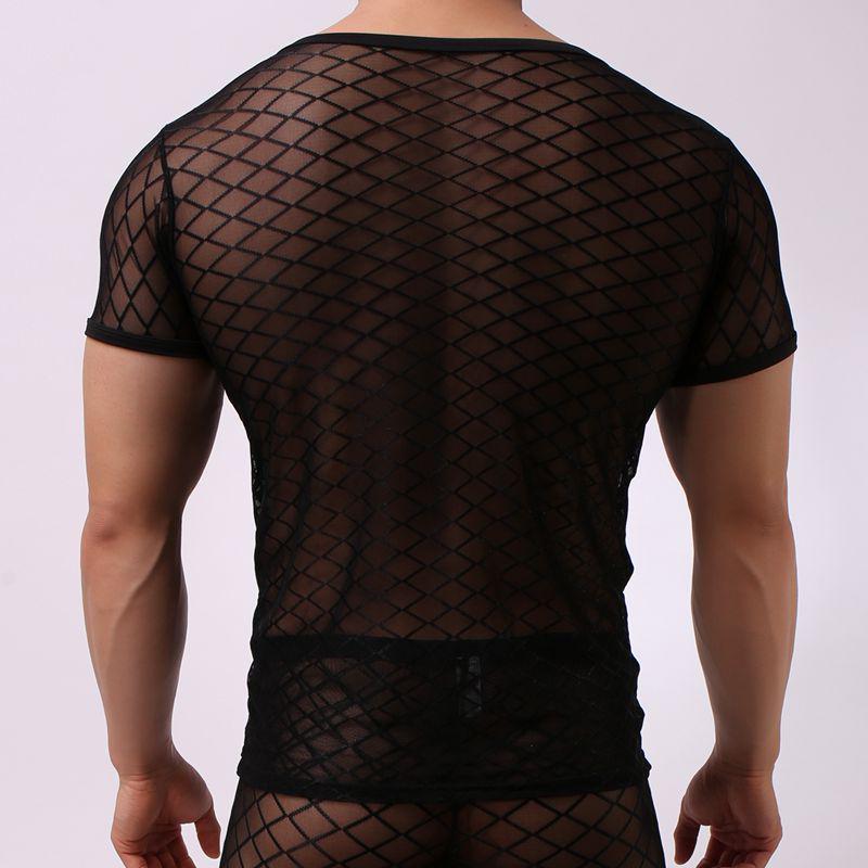 Men's Short Sleeve See-Through Mesh Slim Fit Diamond Net Top B-01