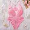 New Deep V Pink Transparent Lace One Piece Women Corset Sexy Bra Lingerie Exotic Bodysuit Pajamas Open Bow Snug Fitting Clothing