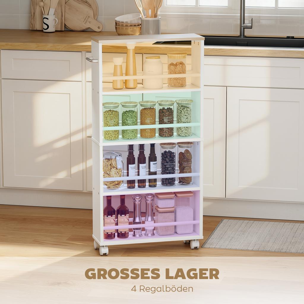 Multifunctional Natural Wood Shelf with Wheels, Slim Design, 4 Compartments, 45x15x91 Cm, White