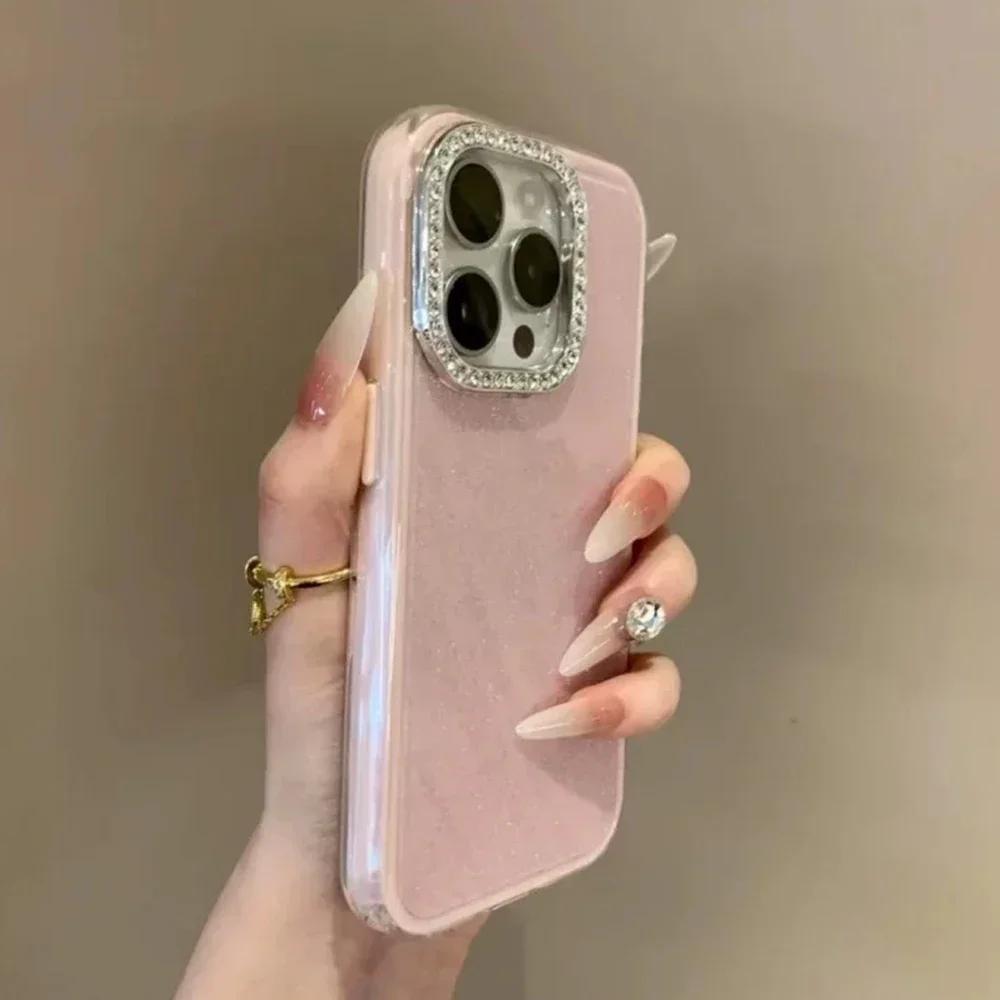 3 IN 1 Bling Glitter IMD Candy Color Phone Case For iPhone 16 15 14 13 12 11 17Pro Max Plus Diamond Camera Protector Shining Cover