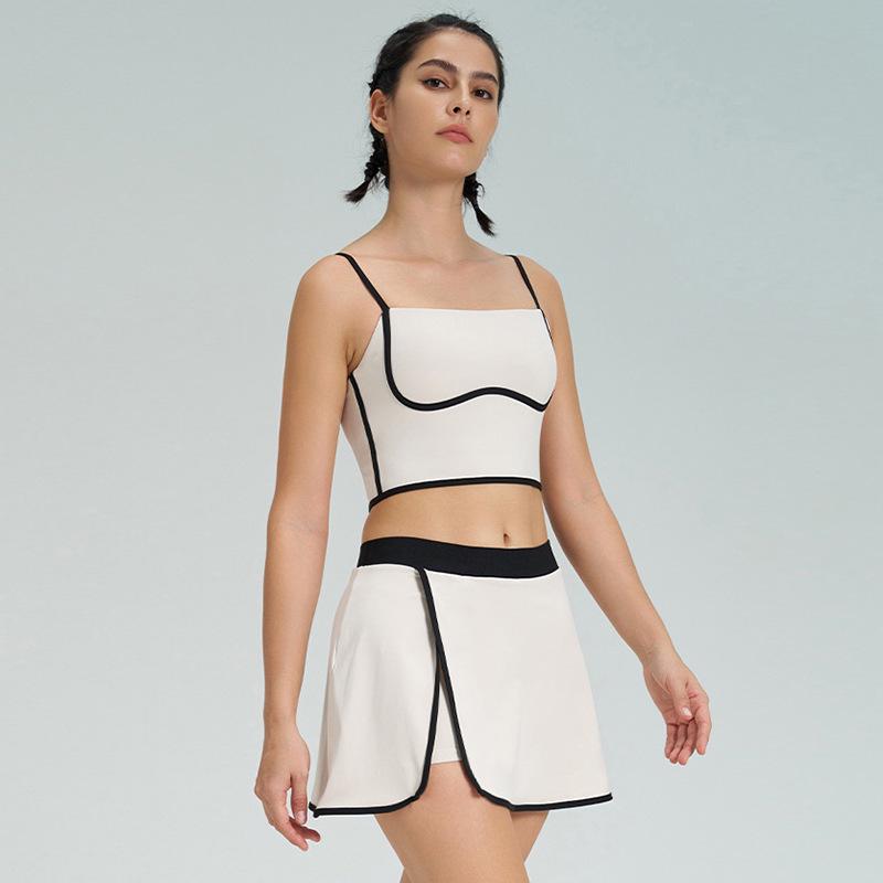 Women's Slimming Contrast Color Tennis Set, Quick-Dry Yoga Fitness Vest & Skirt with Chest Pads, Two-Piece Activewear.